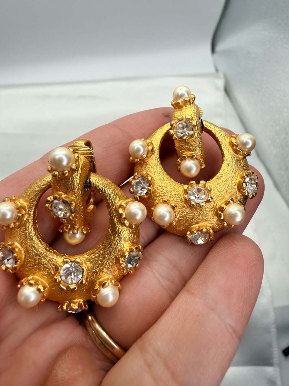 Vintage Gold Tone Faux Pearl Rhinestone Door Knocker Earrings